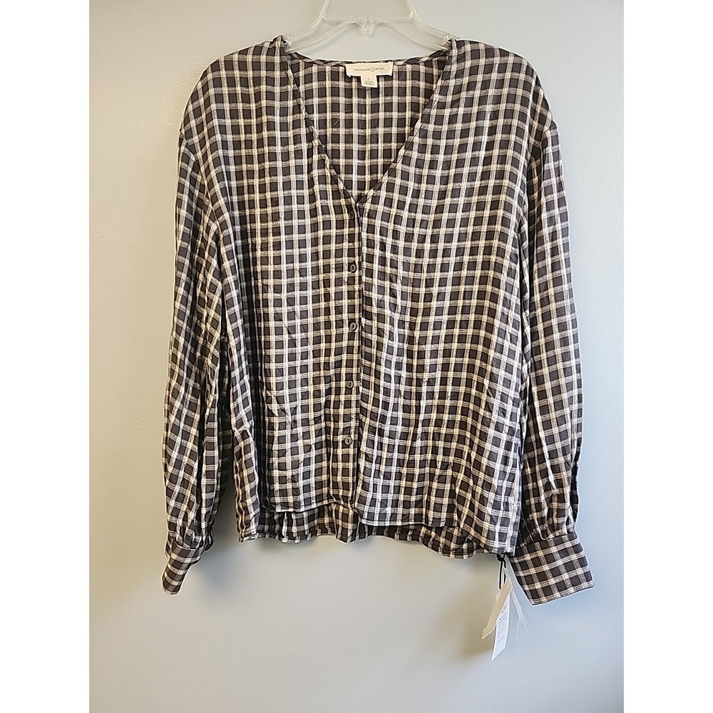 Treasure & Bond‎ Womens Top Popover Blouse Lightweight V Neck Plaid York Gray
